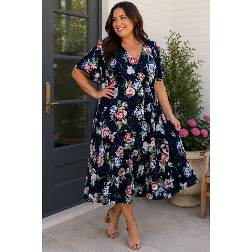 Signature by Robbie Bee Womens 2X Navy Floral Polka Dot Faux Wrap Ruffle Dress